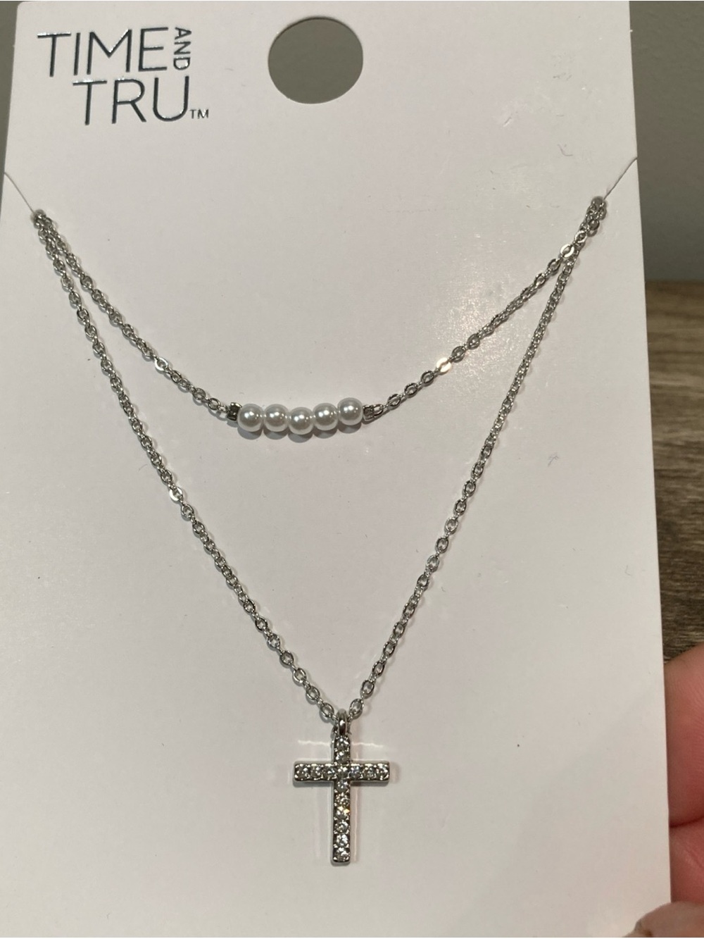 Time And Tru Layered Silver Tone Necklaces 16” & 18” Cross And Faux Pearl